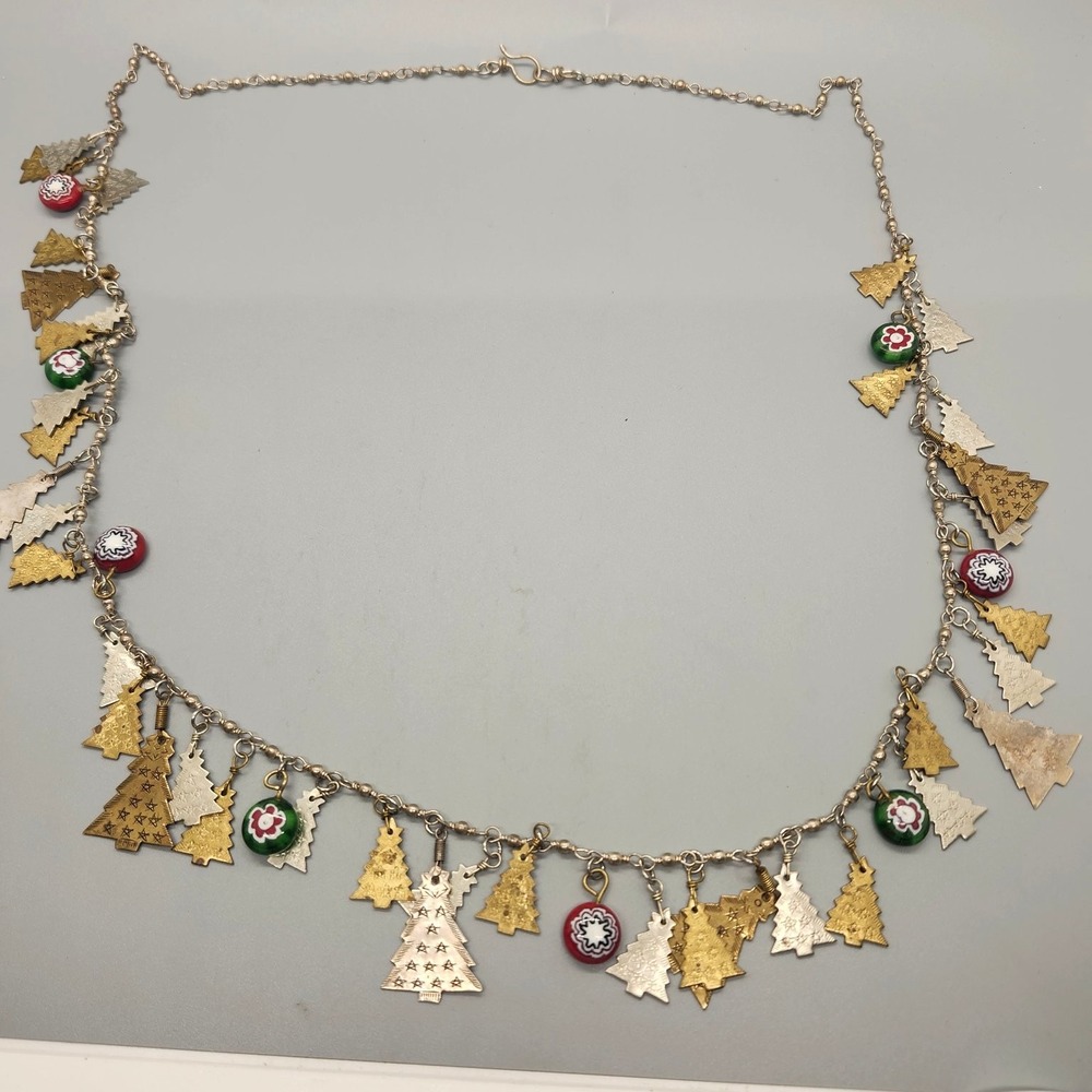 Christmas Tree Charm Necklace Long Gold Silver Tone Festive Holiday - Picture 2 of 3